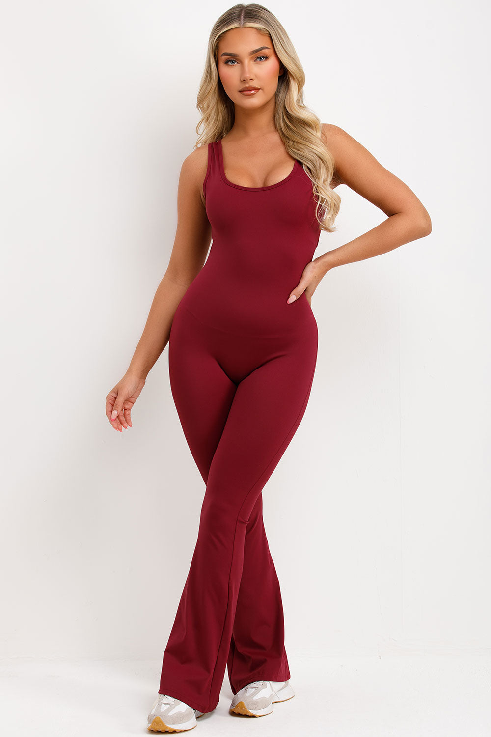 burgundy jumpsuit with ruched bum booty lifting
