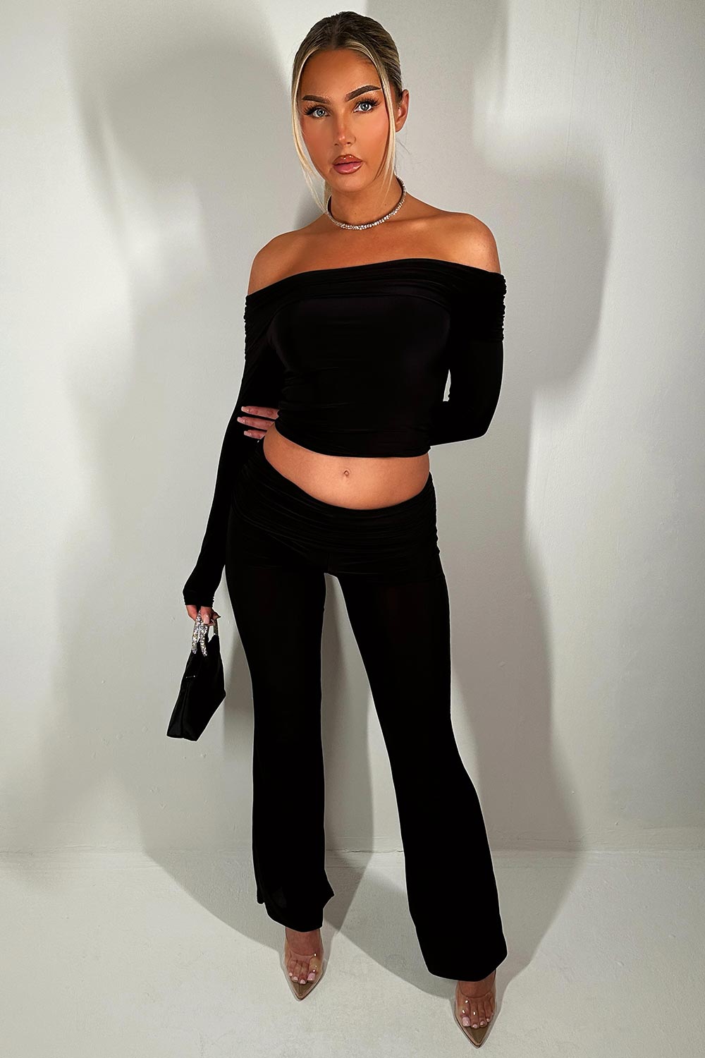 fold detail flare trousers and off shoulder long sleeve crop top co ord set