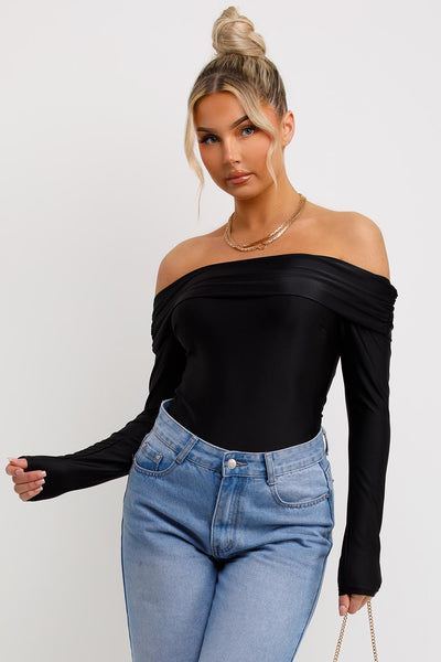 Off Shoulder Bodysuit Top With Long Sleeves Black Going Out Outfit –