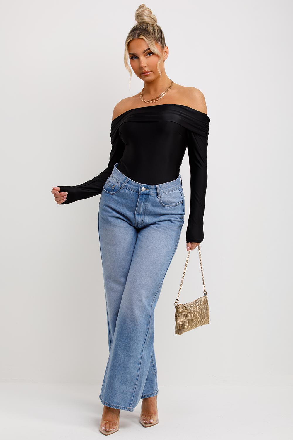 womens off shoulder long sleeve bodysuit top