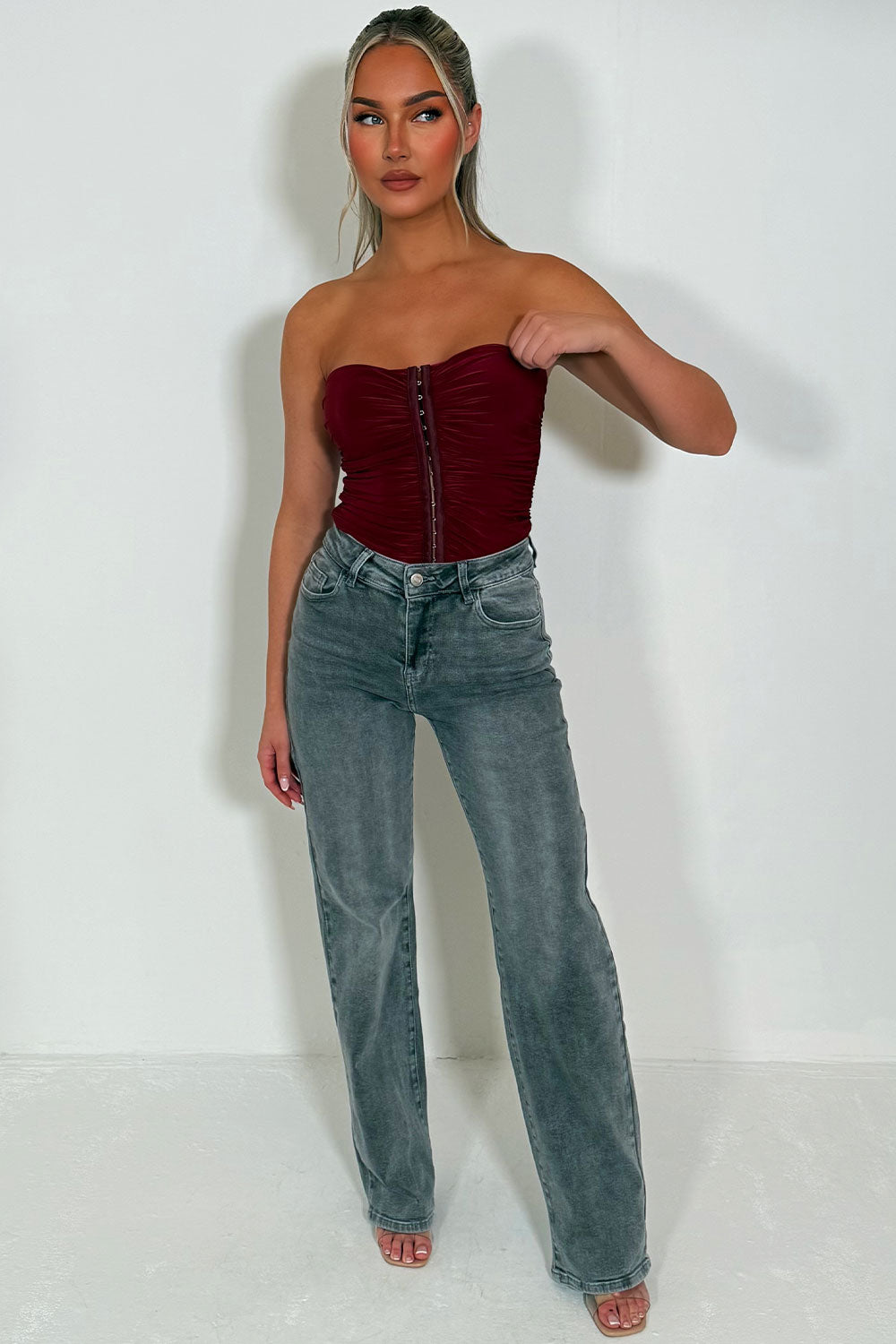 hook and eye burgundy corset top nigh out outfit styledup