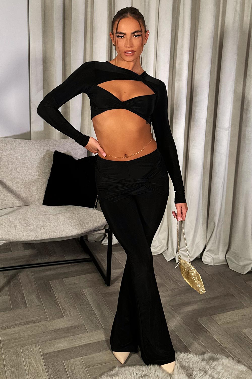 long sleeve twist front top and trousers two piece set going out festival rave summer holiday outfit