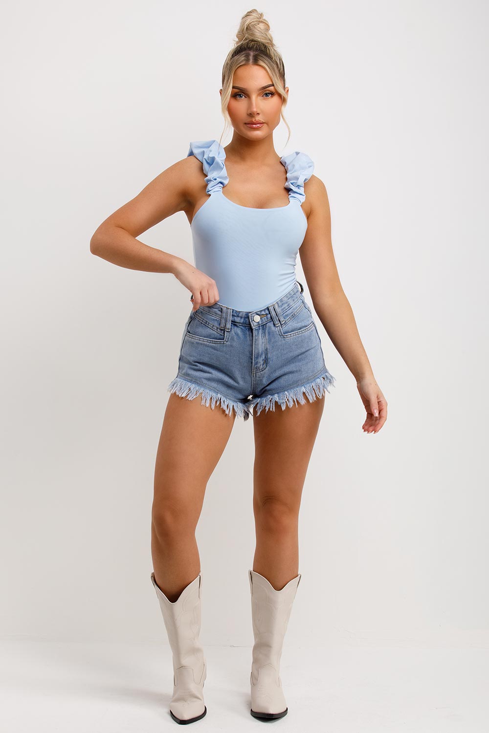 ruched ruffle strap slinky bodysuit top sky blue