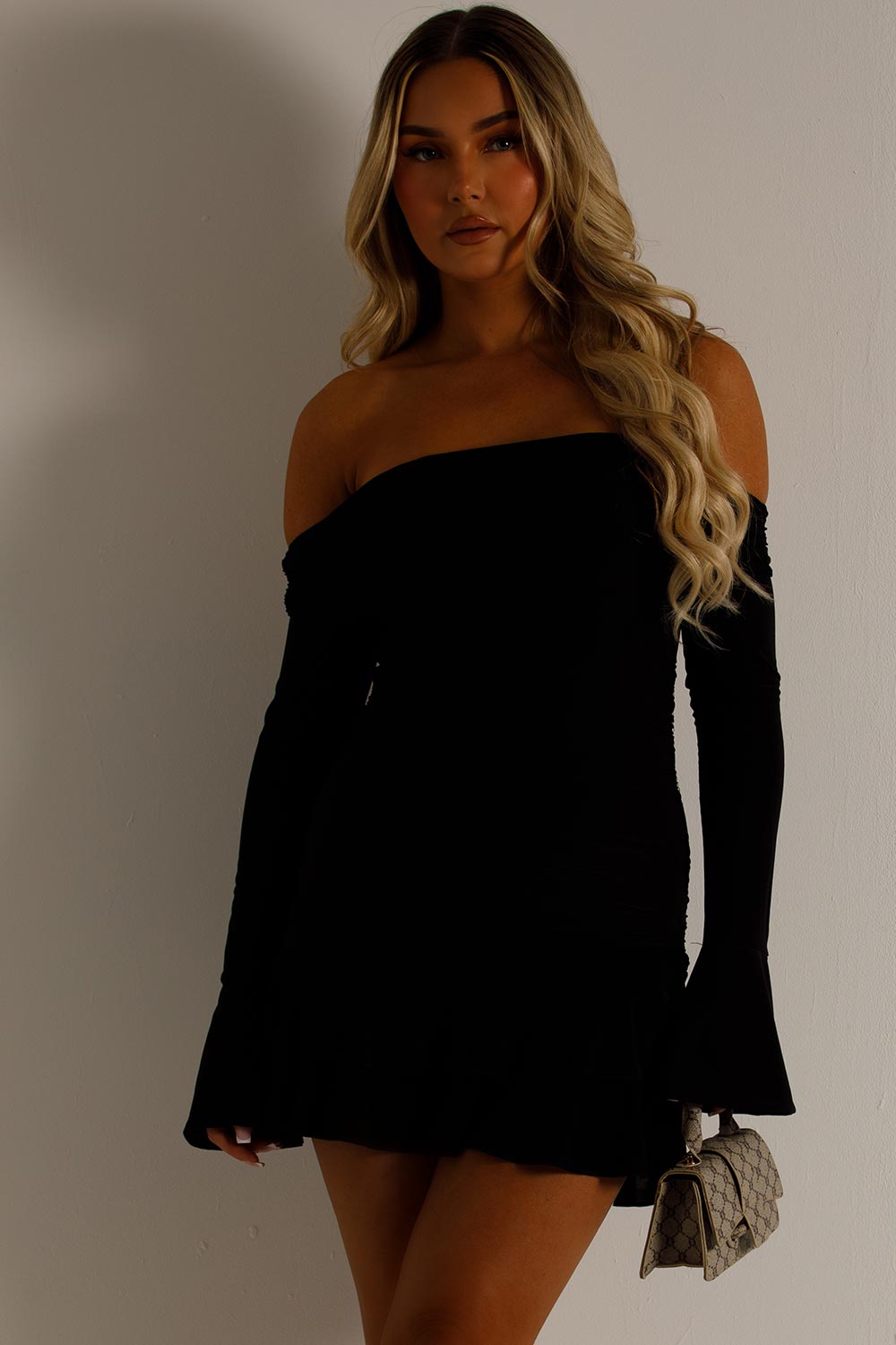 bardot mini dress with ruffle frill hem long sleeves festival outfit styledup