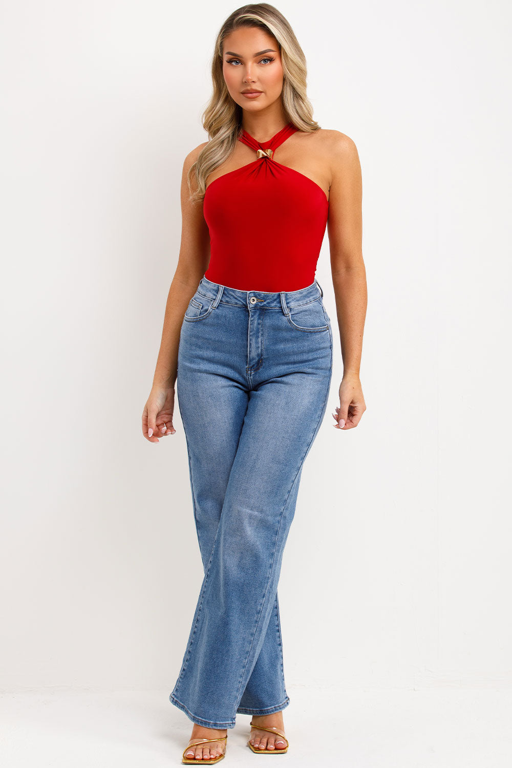 halter neck gold buckle going out top red bodysuit styled up