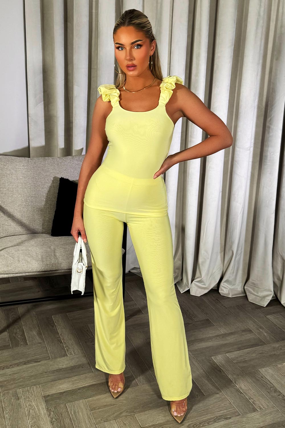 womens ruched gathered detail sleeveless top and straight leg trousers two piece set going out summer party outfit