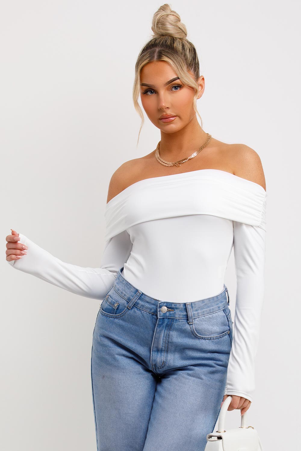 off shoulder long sleeve bodysuit top
