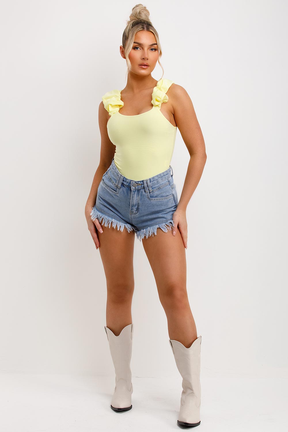 ruffle ruched double lined going out summer holiday bodysuit top yellow
