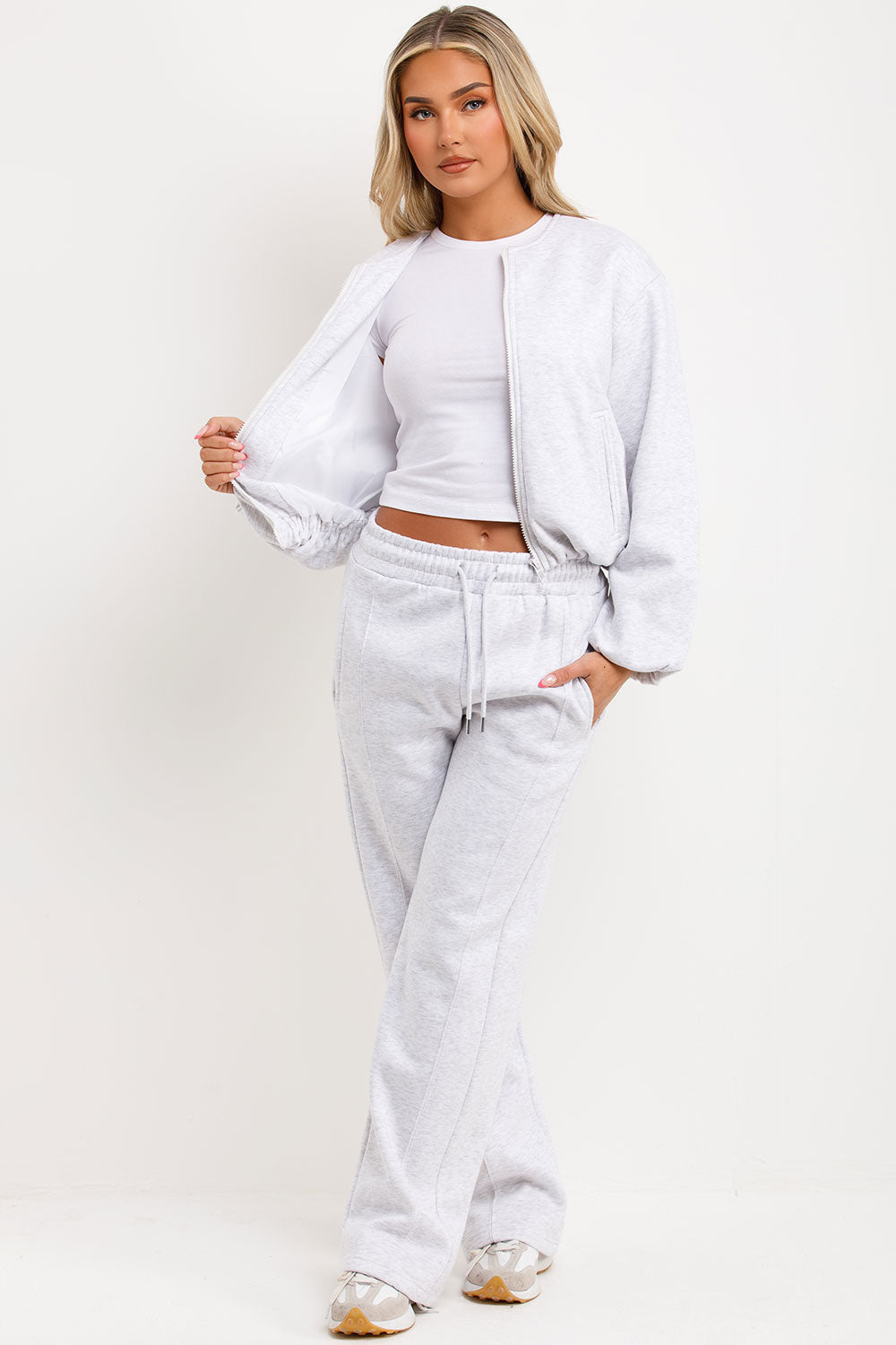 zara womens soft bomber jacket with zip elasticated hem and joggers tracksuit set