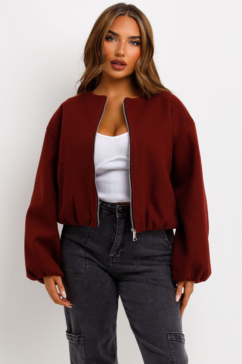 wine red bomber jacket with zip and elasticated hem zara womens uk