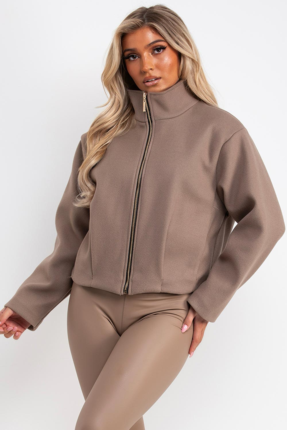 zara womens high neck taupe bomber jacket funnel neck styledup uk