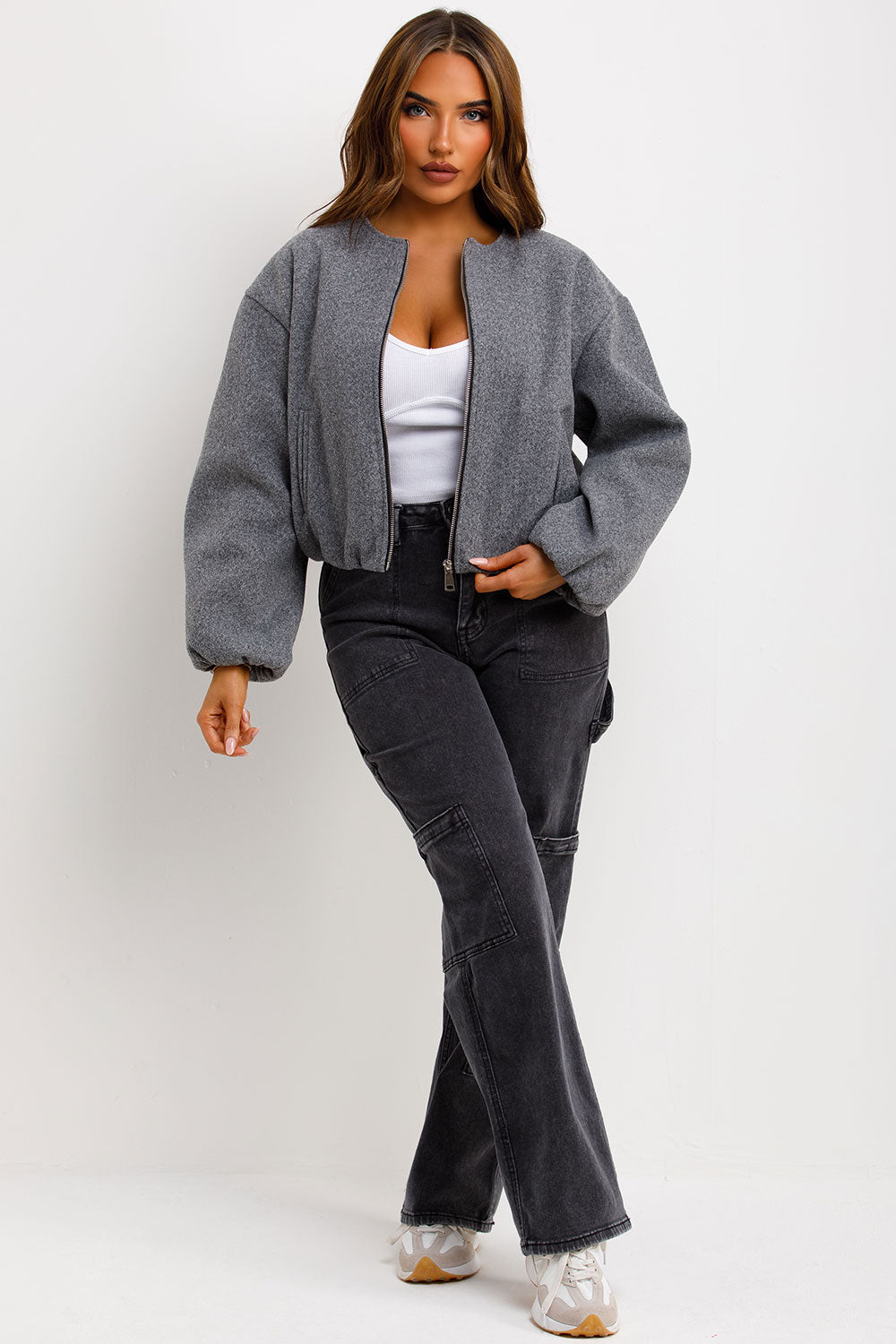 grey bomber jacket with zip and elasticated hem zara womens uk