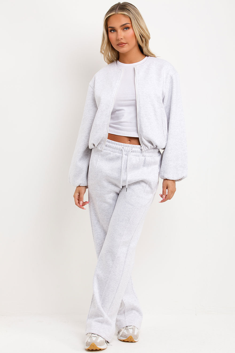 zara womens soft bomber jacket and joggers tracksuit set grey