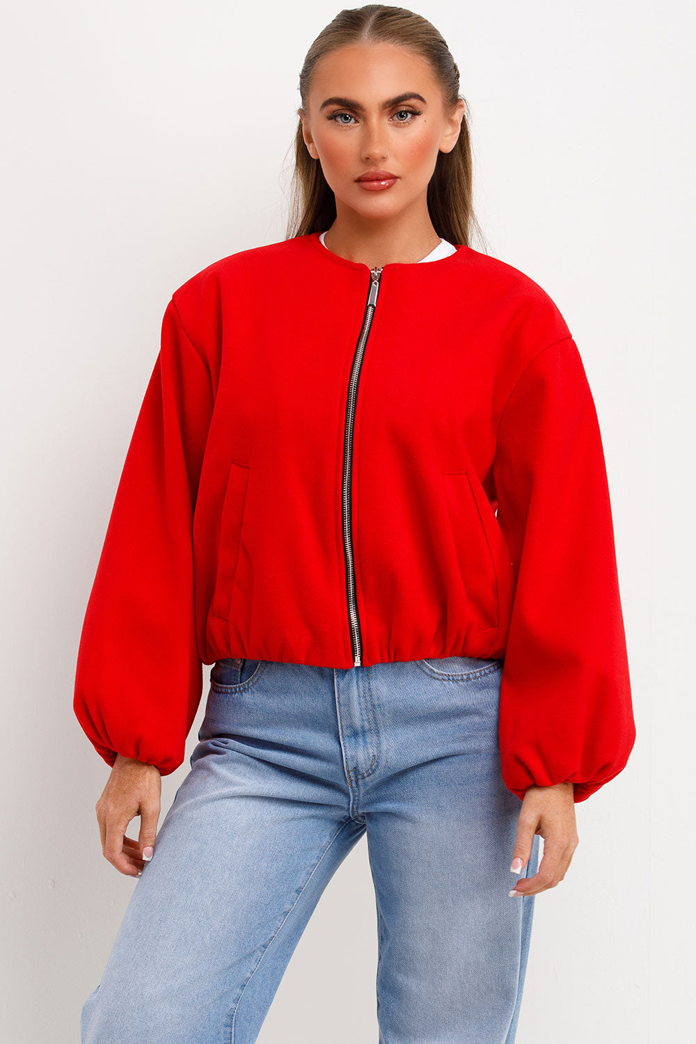 bomber jacket with zip fastening pockets elasticated hem red