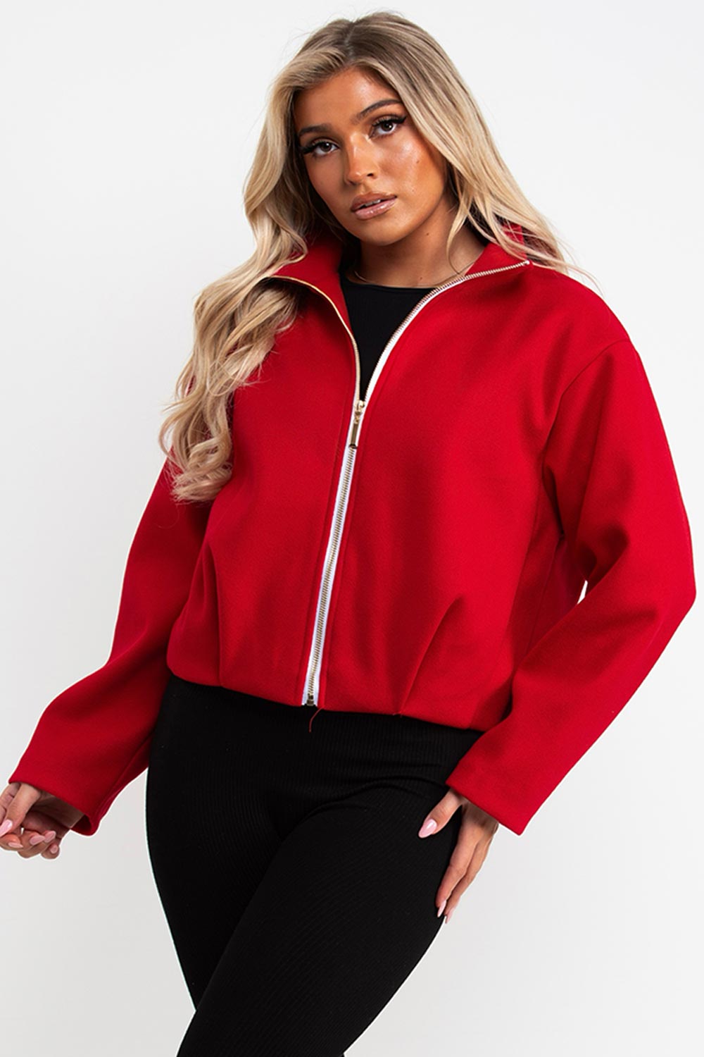 womens high collar funnel neck long sleeve soft bomber jacket styledup uk