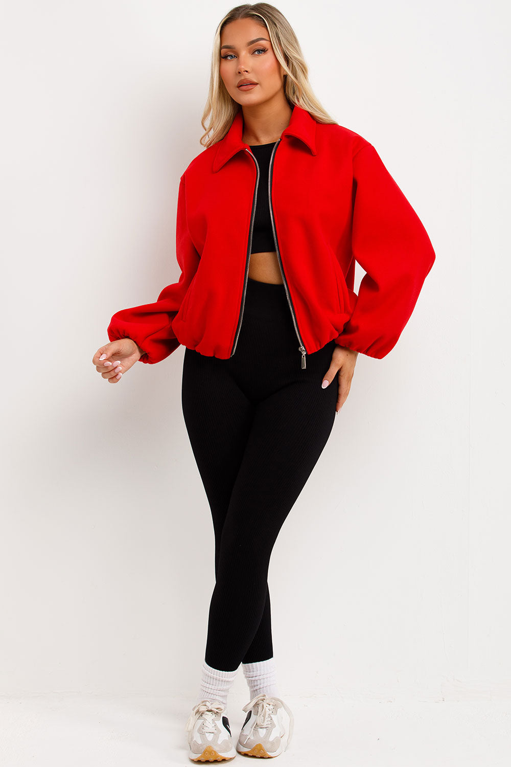zara womens red puffed bomber jacket with lapel collars double welt front pockets sale uk styledup outerwear