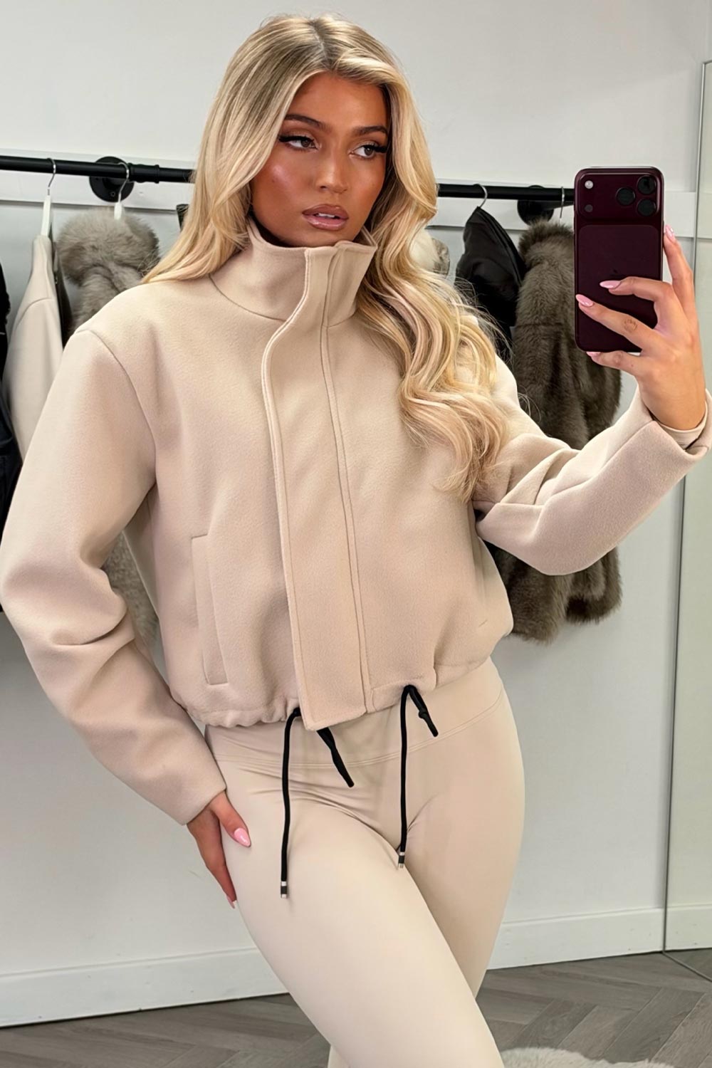 beige funnel neck jacket with drawstrinh hem styledup uk