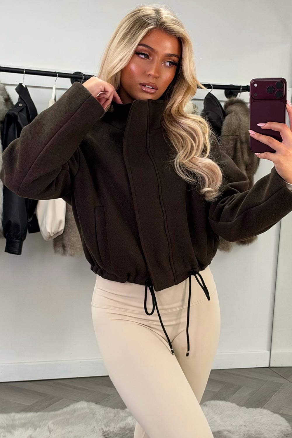 brown funnel neck jacket with drawstrinh hem styledup uk