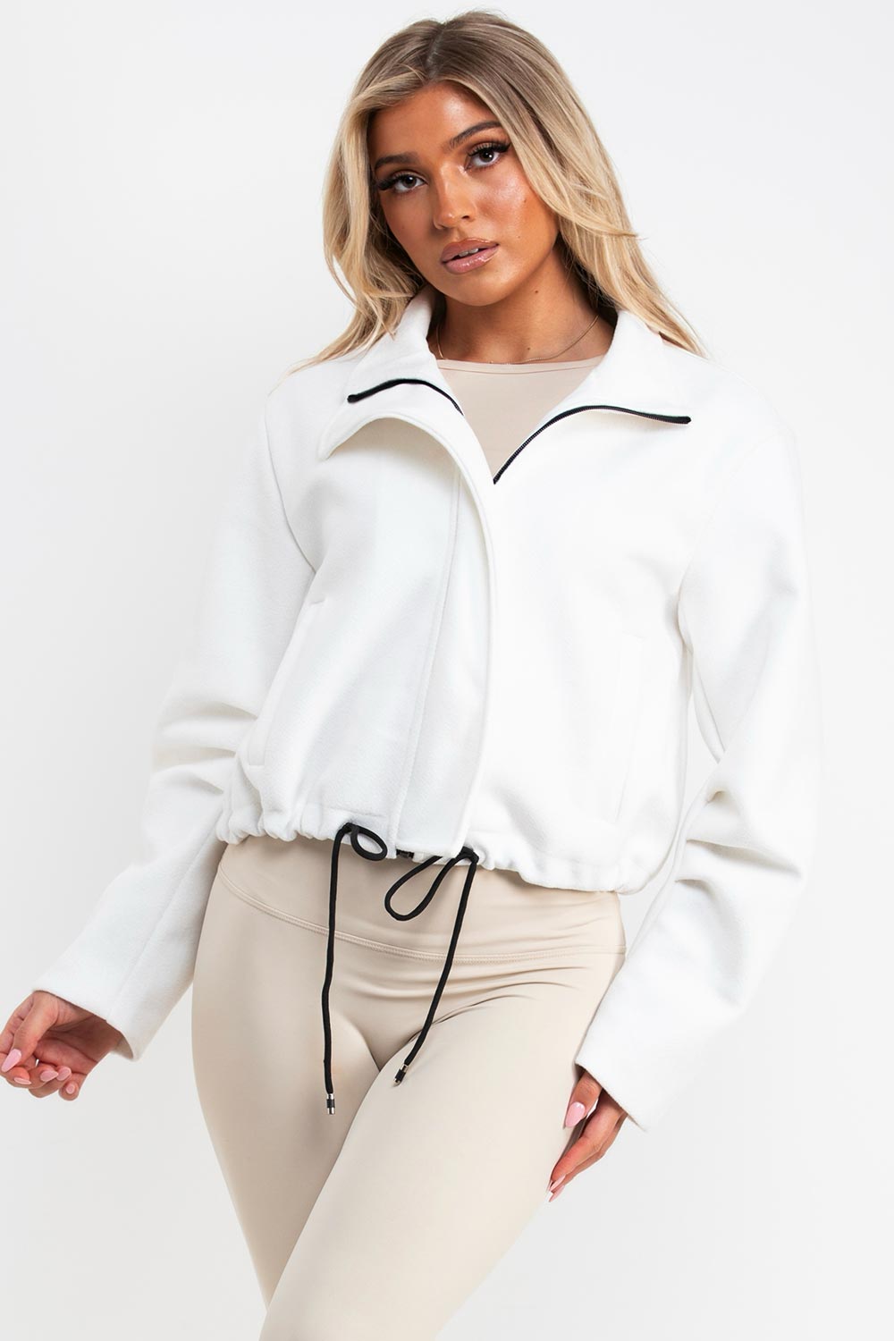 cream funnel neck jacket with drawstrinh hem styledup uk