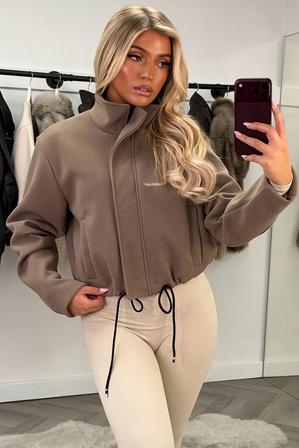 drawstring hem soft bomber jacket taupe styledup uk
