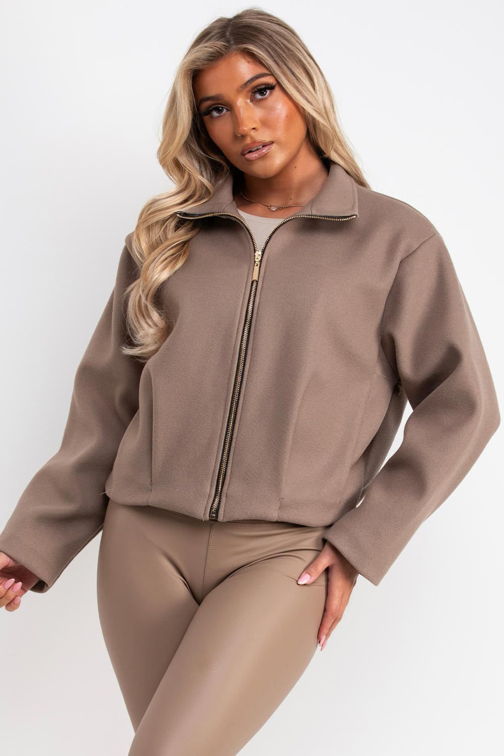 womens taupe soft bomber jacket with high collar funnel neck styledup uk