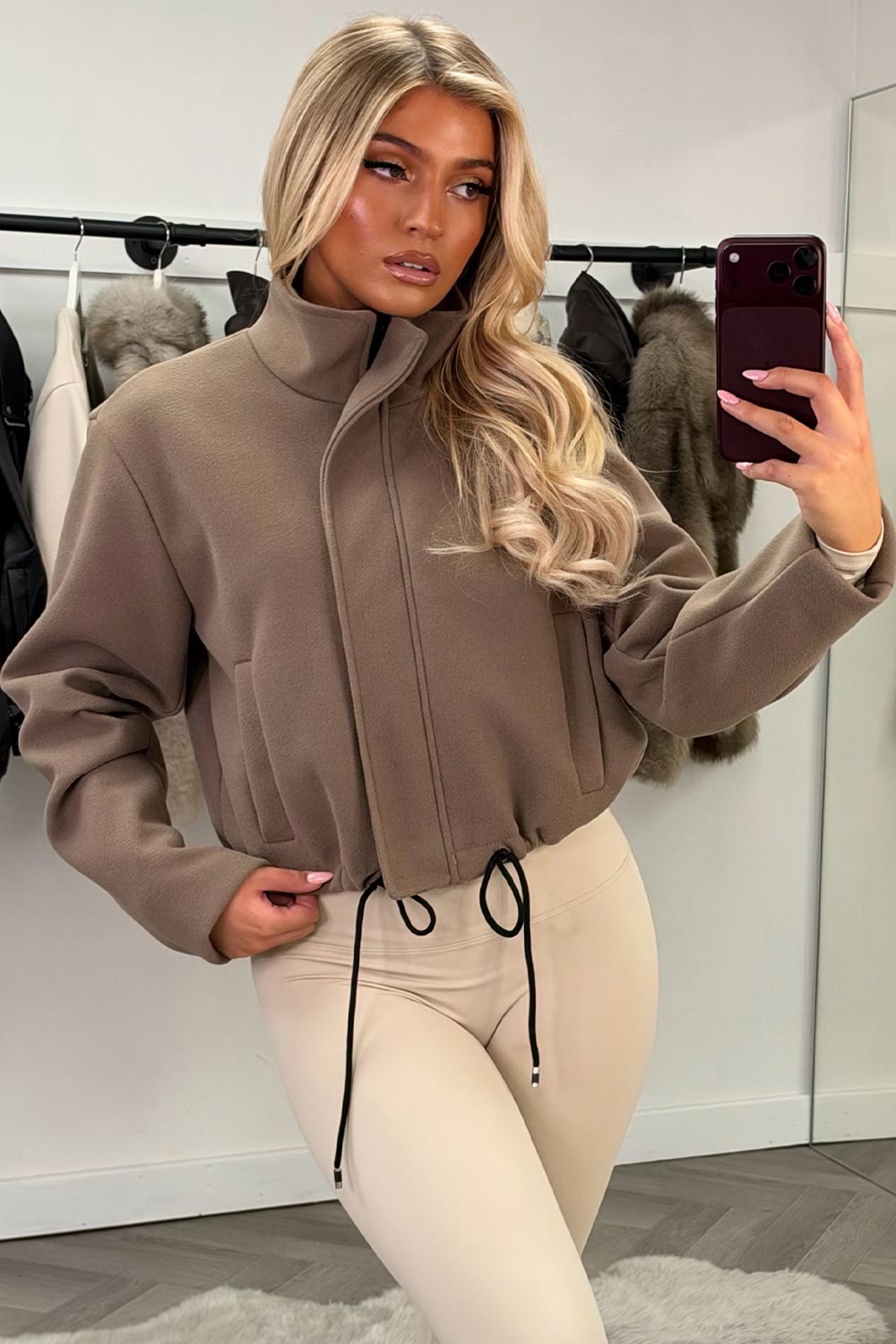 womens taupe funnel neck jacket with drawstring hem long sleeves zara uk everyday jacket styledup uk