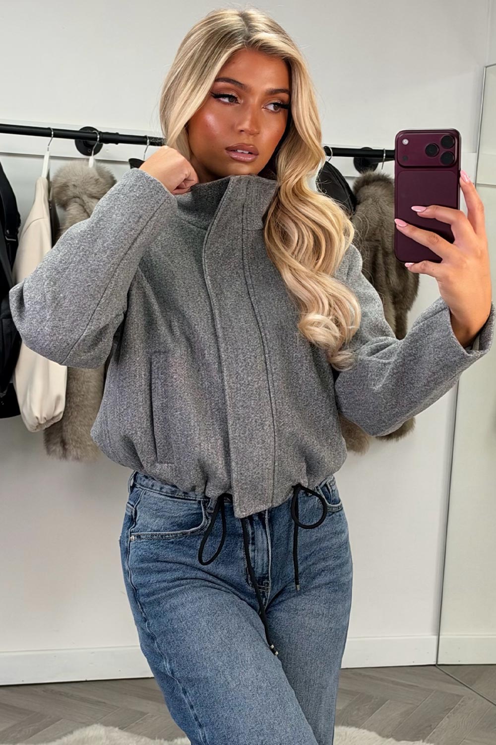 womens grey soft bomber jacket with high collar funnel neck styledup uk