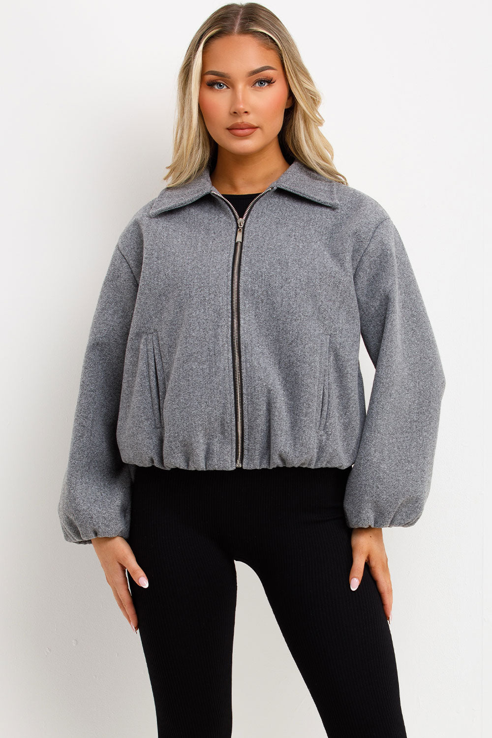 womens grey puffed bomber jacket with front double welt pockets zara womens uk