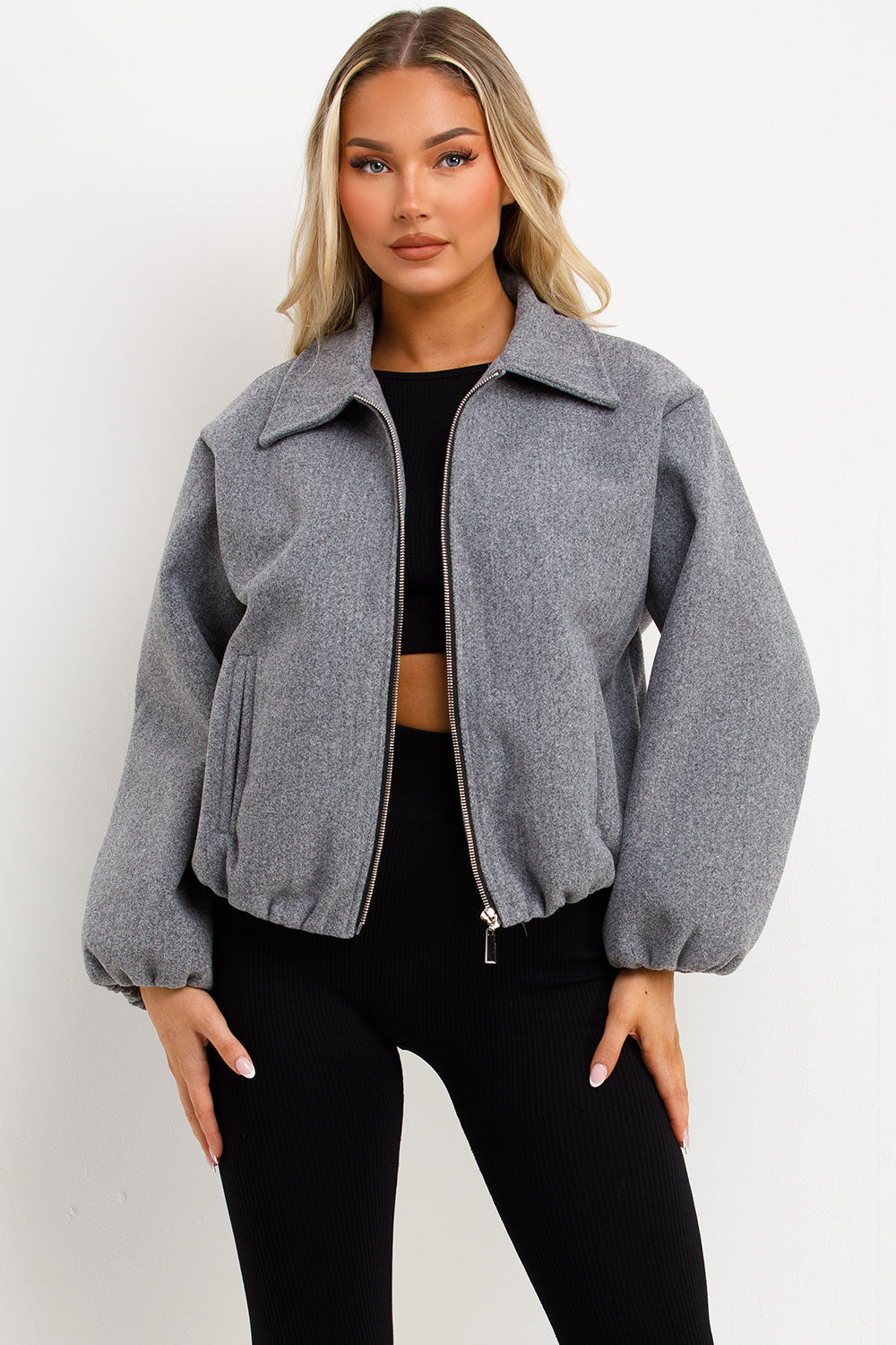 zara womens grey puffed bomber jacket with lapel collars double welt front pockets sale uk styledup outerwear