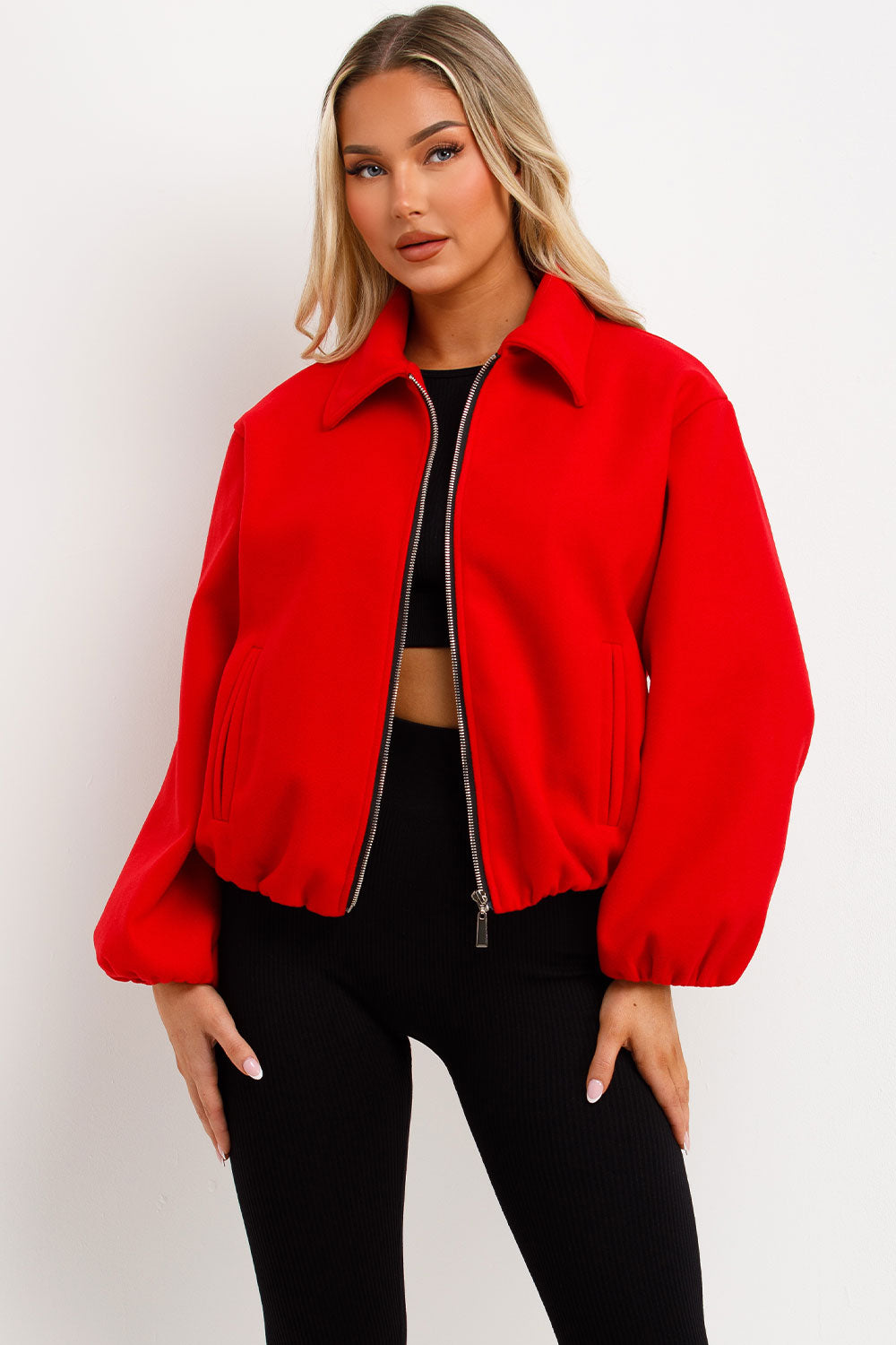 womens zara puffed bomber jacket with zip up front pockets