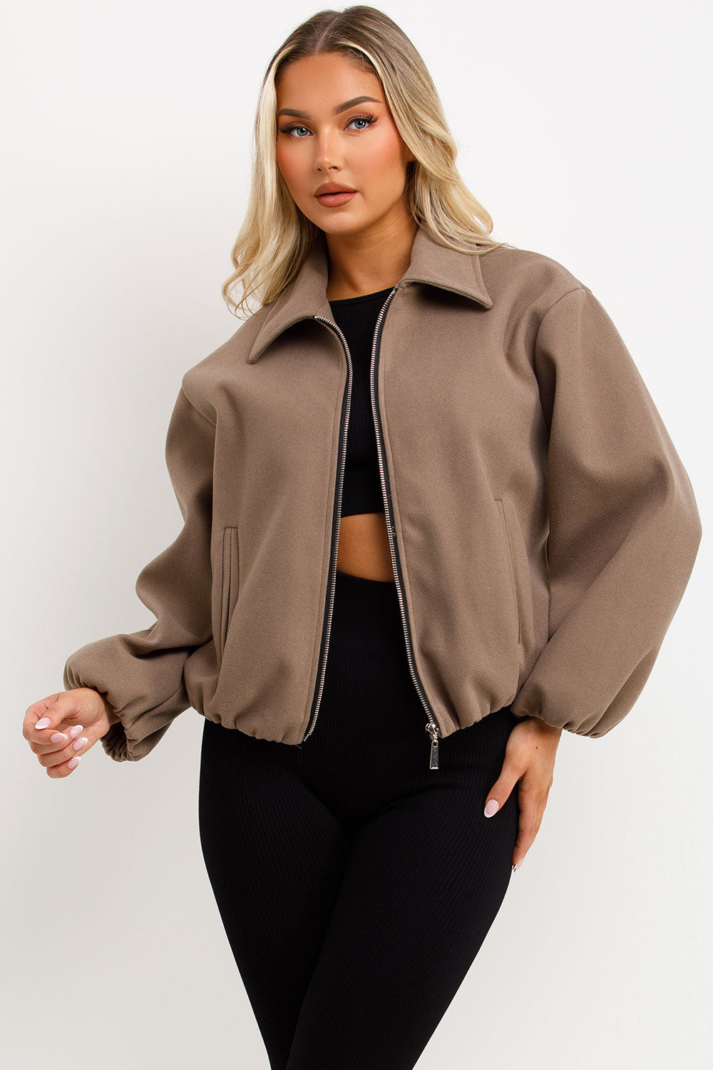 zara womens taupe puffed bomber jacket with lapel collars double welt front pockets sale uk styledup outerwear