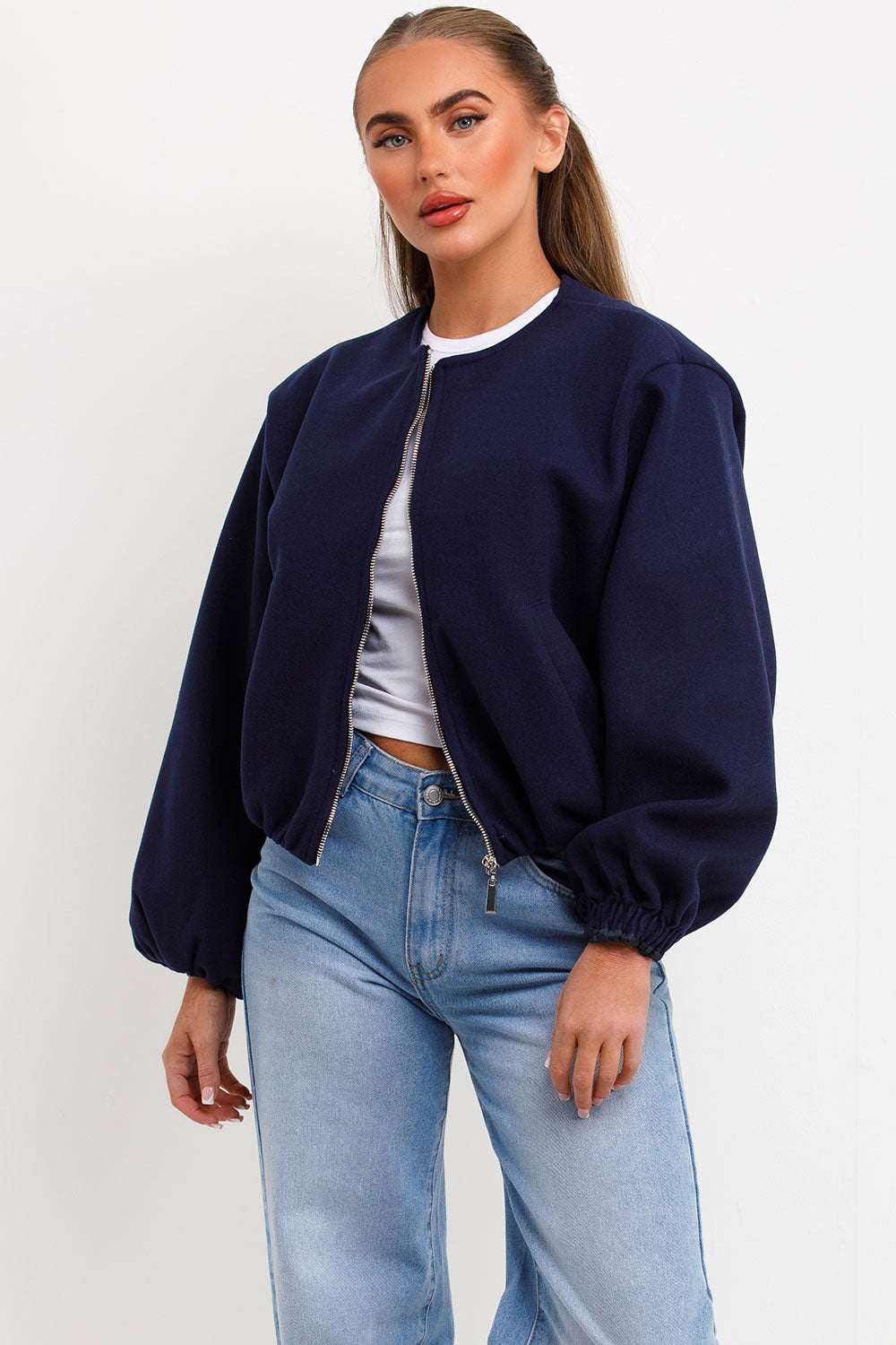 bomber jacket with zip fastening pockets elasticated hem navy