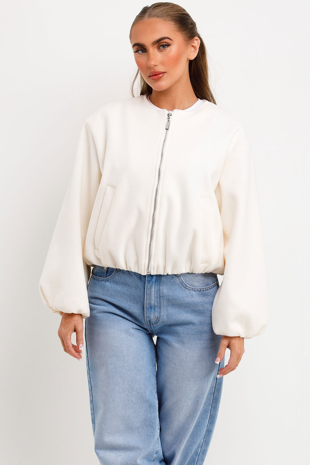 bomber jacket with elasticated hem elasticated cuffs welt pockets on front zara womens