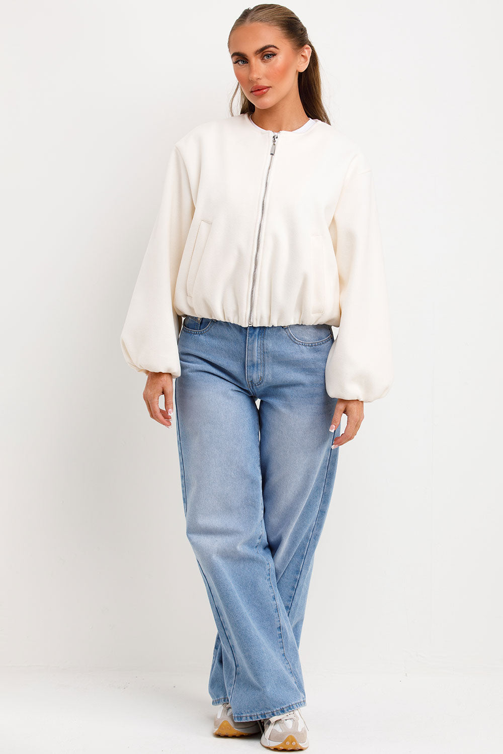 cream bomber jacket with zip and elasticated hem zara womens uk