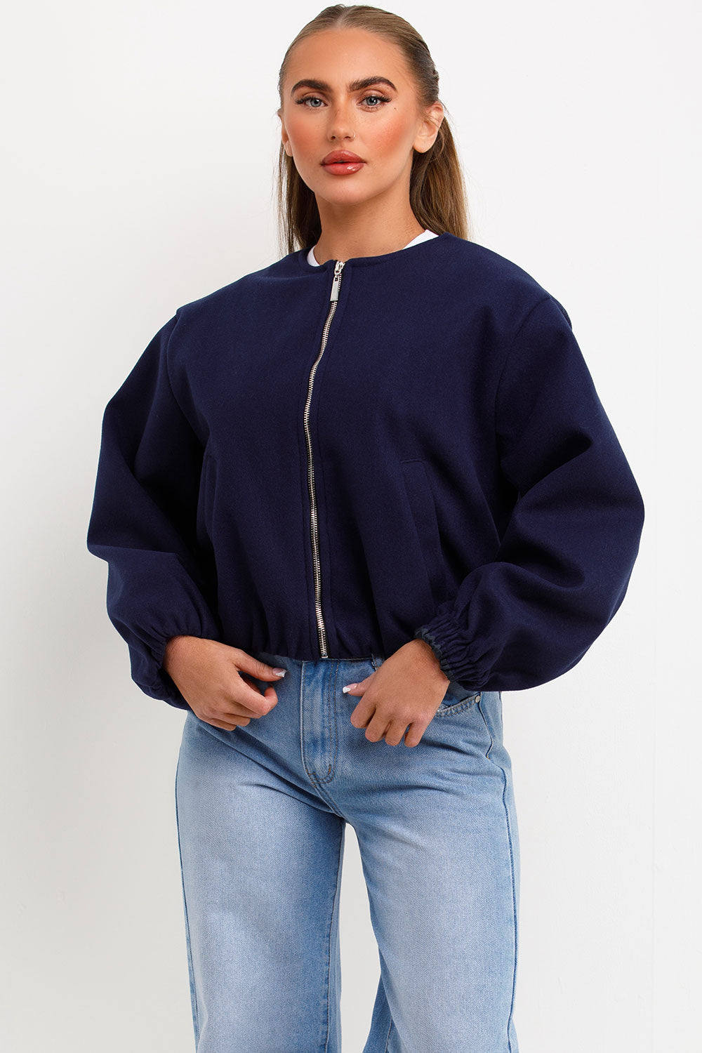 navy bomber jacket with zip and elasticated hem zara womens uk