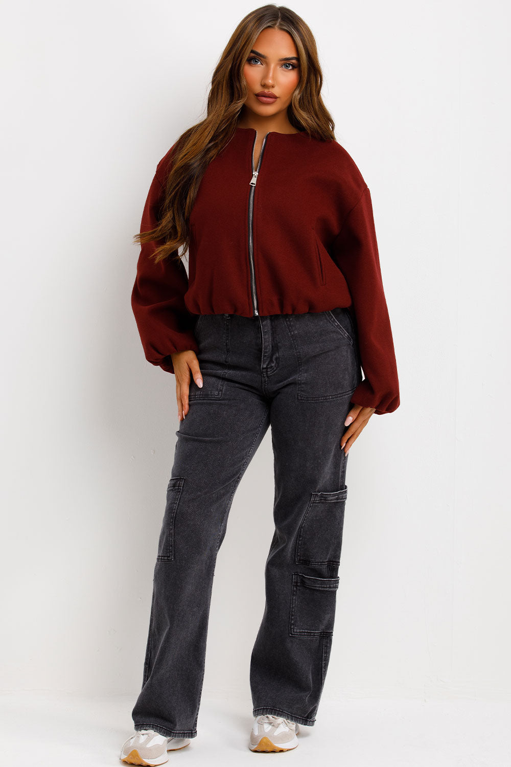 bomber jacket with zip fastening pockets elasticated hem wine red