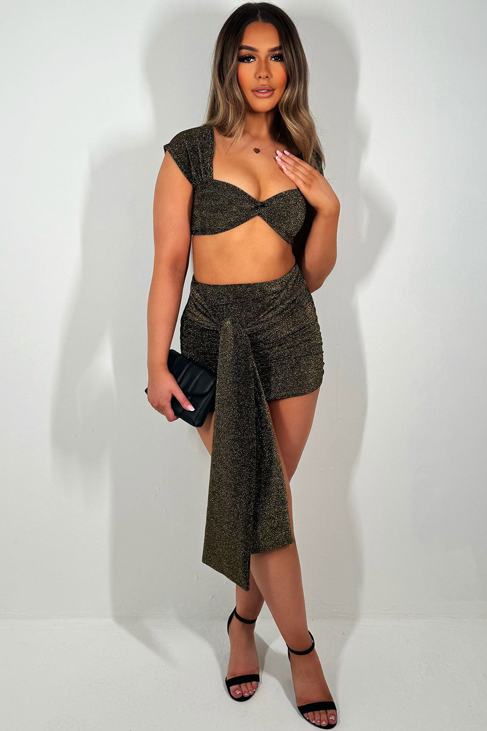 sparkly drape detail knot front mini skirt and twist front crop top co ord set christmas party outfit