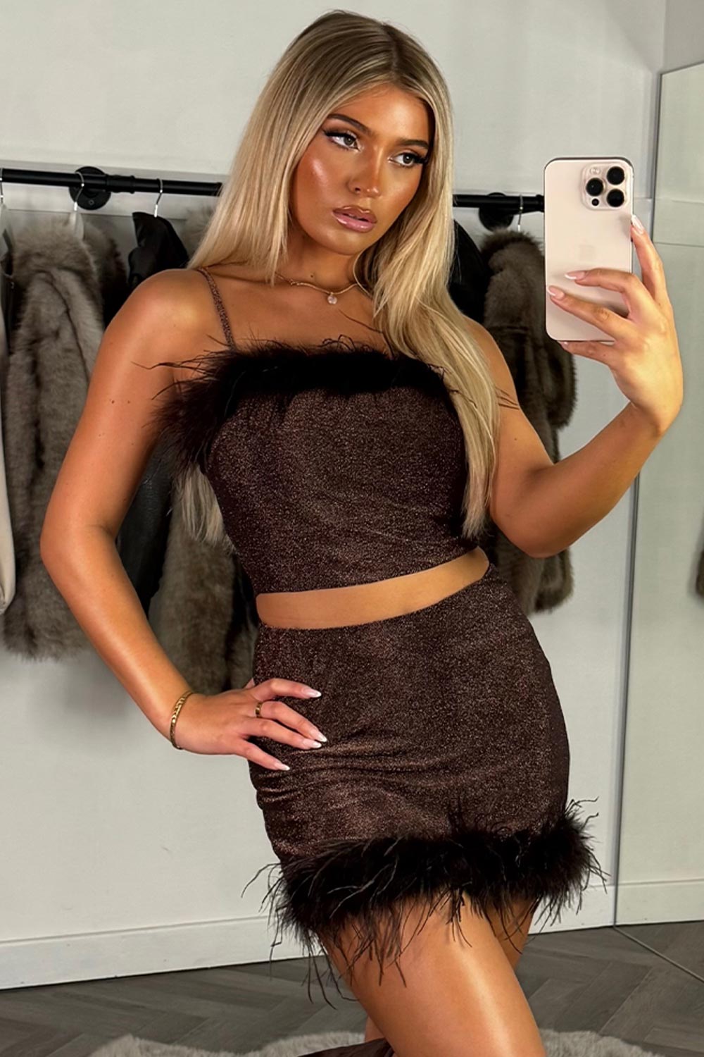 mini skirt with faux fur trim and crop top co ord set styledup uk
