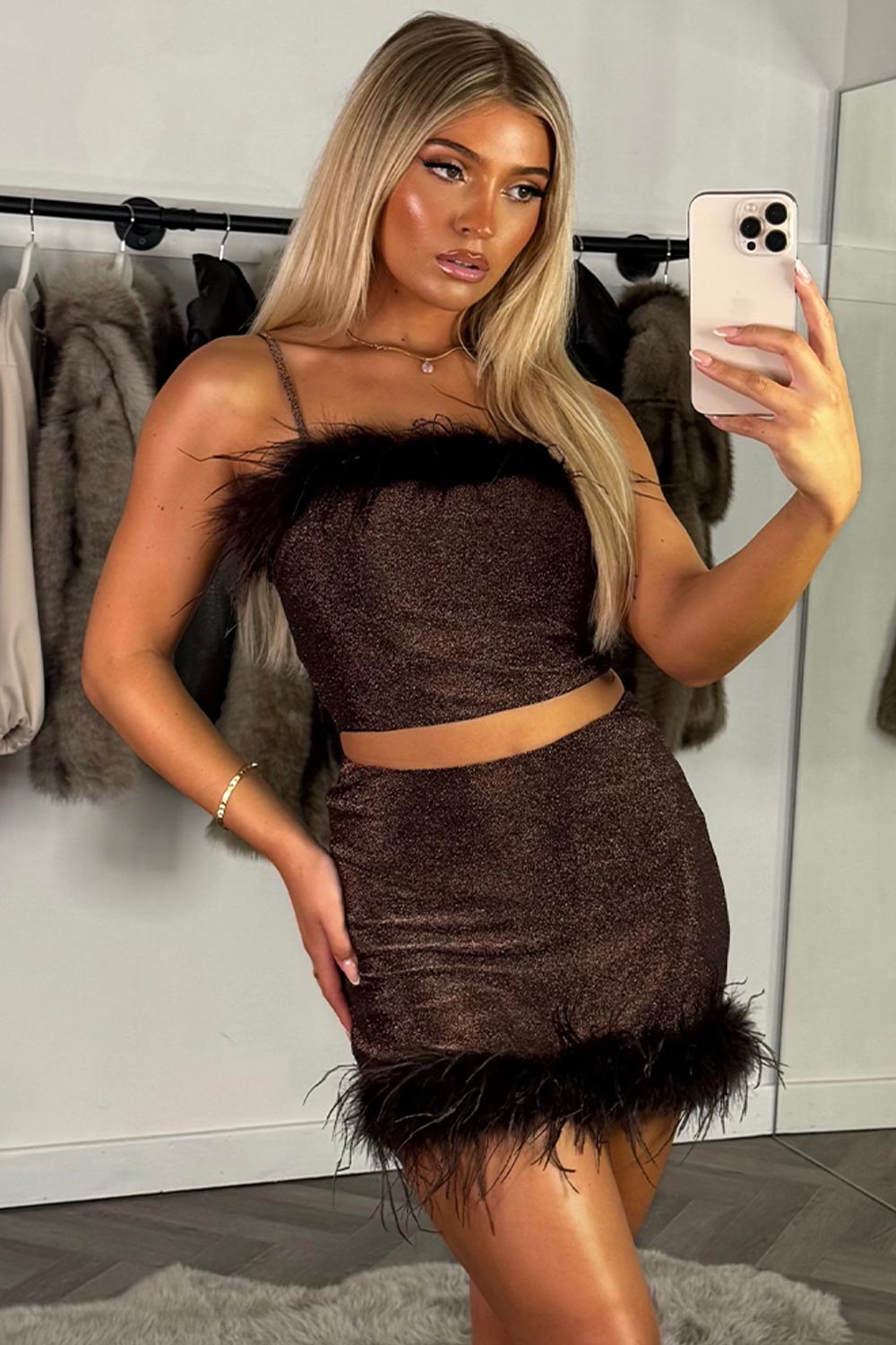 brown faux fur trim crop top and mini skirt co ord set styledup uk