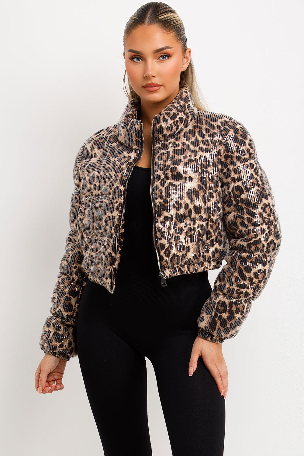 leopard print puffer jacket sequin christmas jacket
