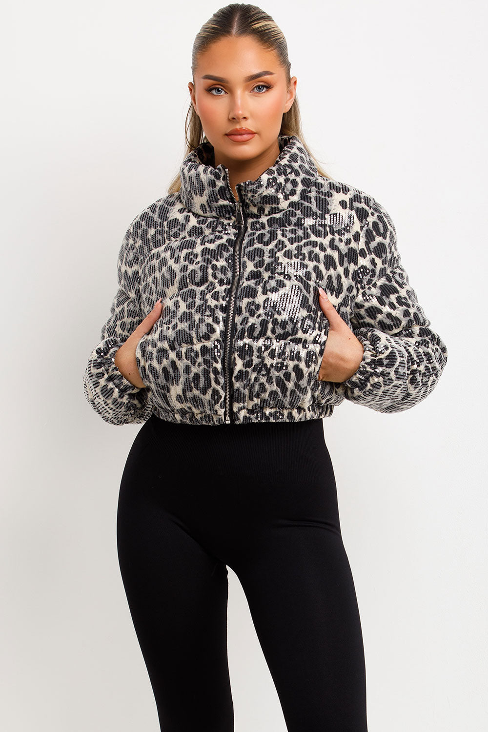 leopard print puffer jacket sequin christmas jacket