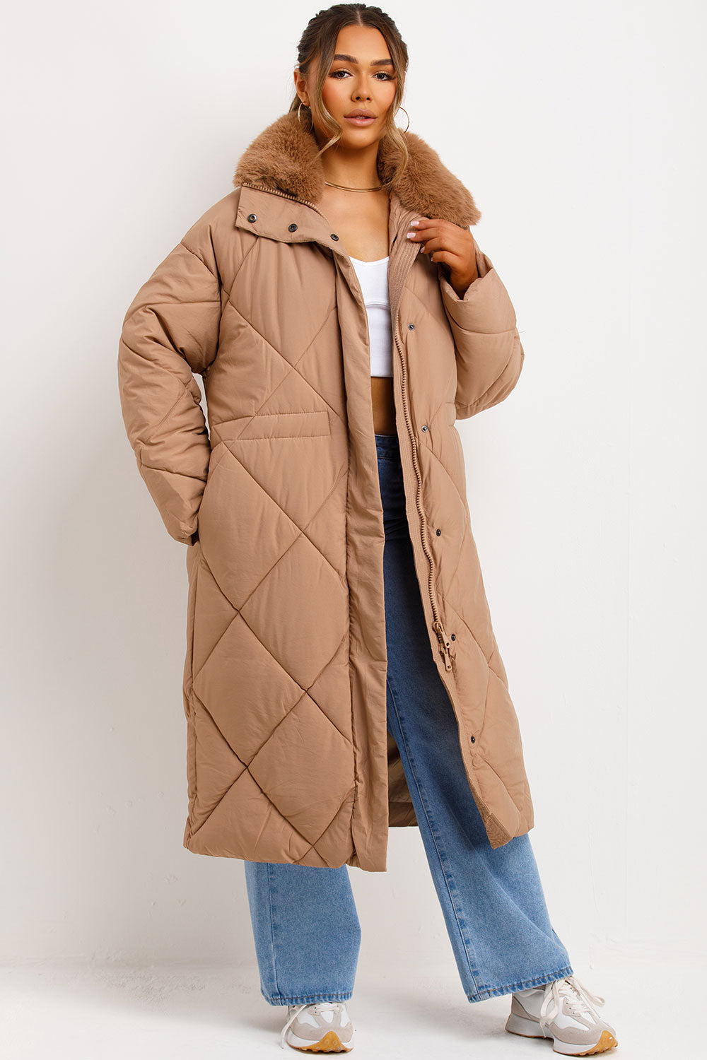 womens longline quilted puffer coat for winter styled up