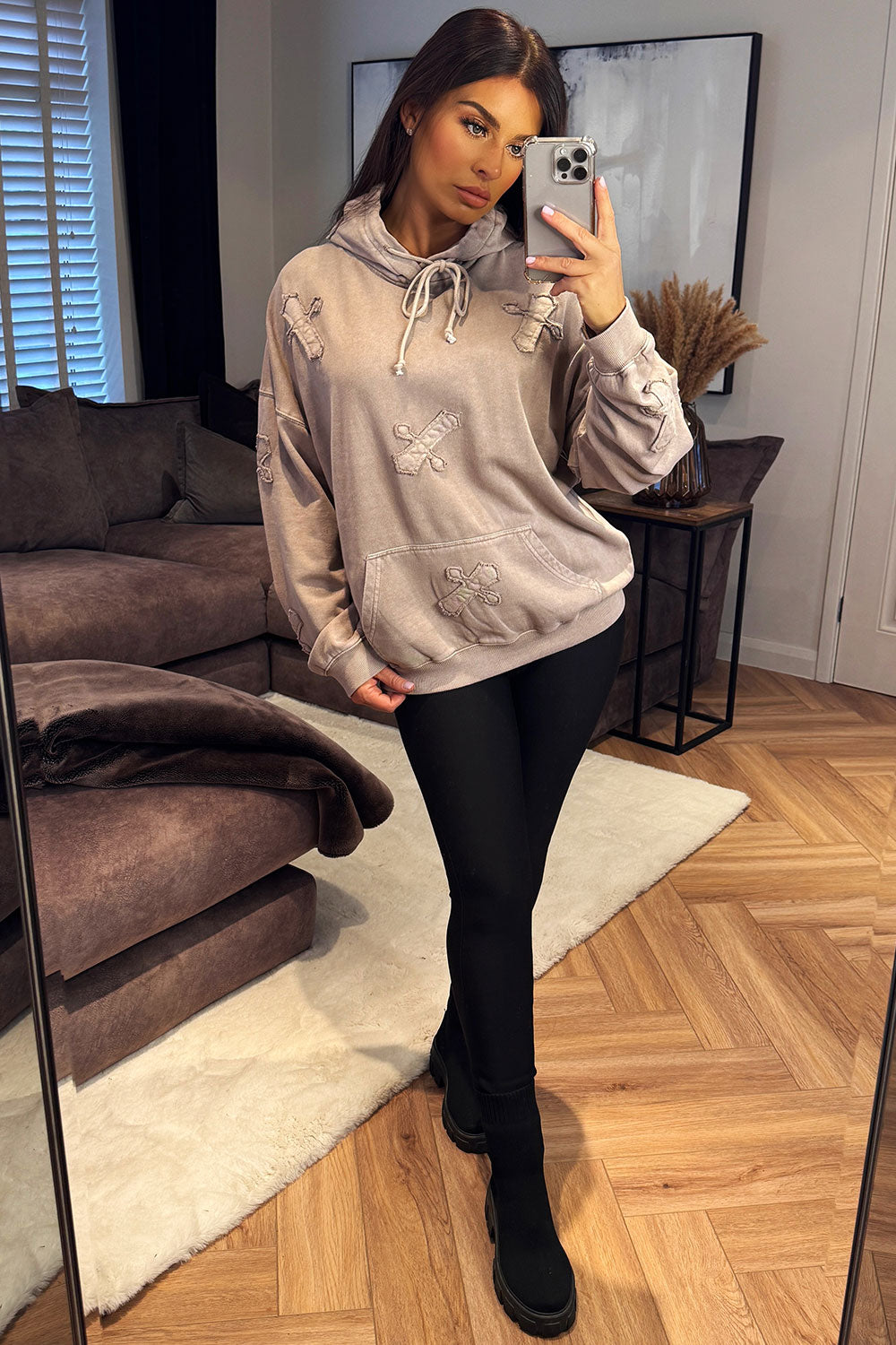 hoodie with distressed crosses acid wash