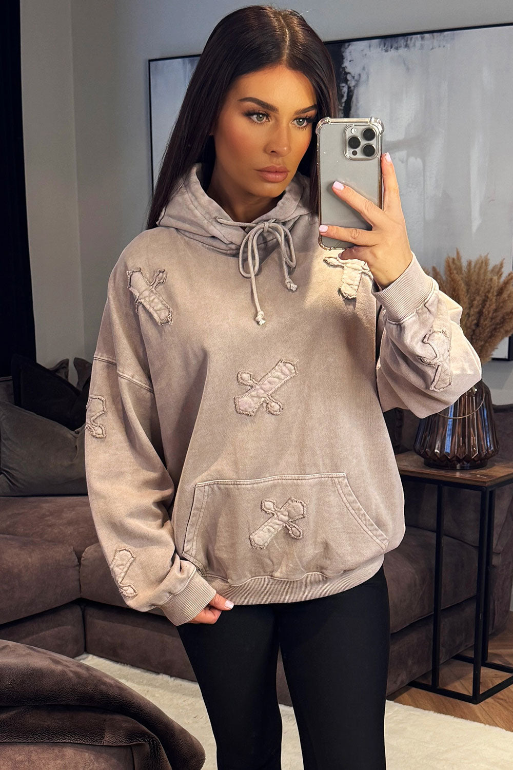 acid wash oversized hoodie with crosses womens loungewear