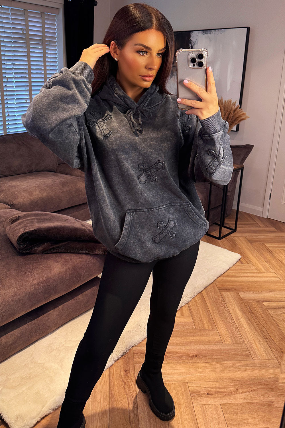 womens hooded sweatshirt with distressed crosses acid wash