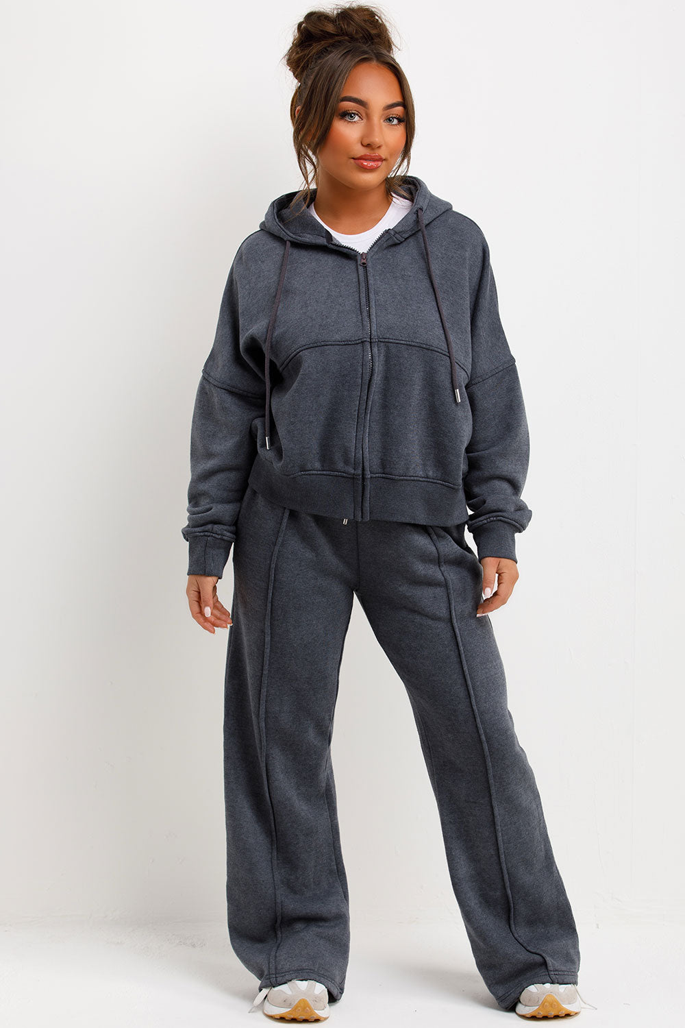 womens hooded bomber sweatshirt with zip and straight leg joggers tracksuit set loungewear co ord