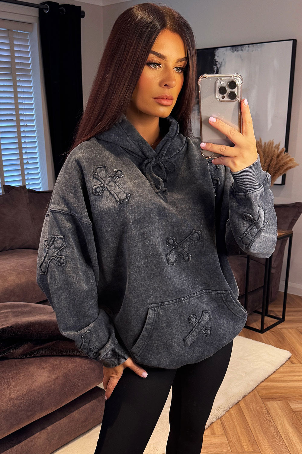 womens cross patches acid wash hoodie loungewear