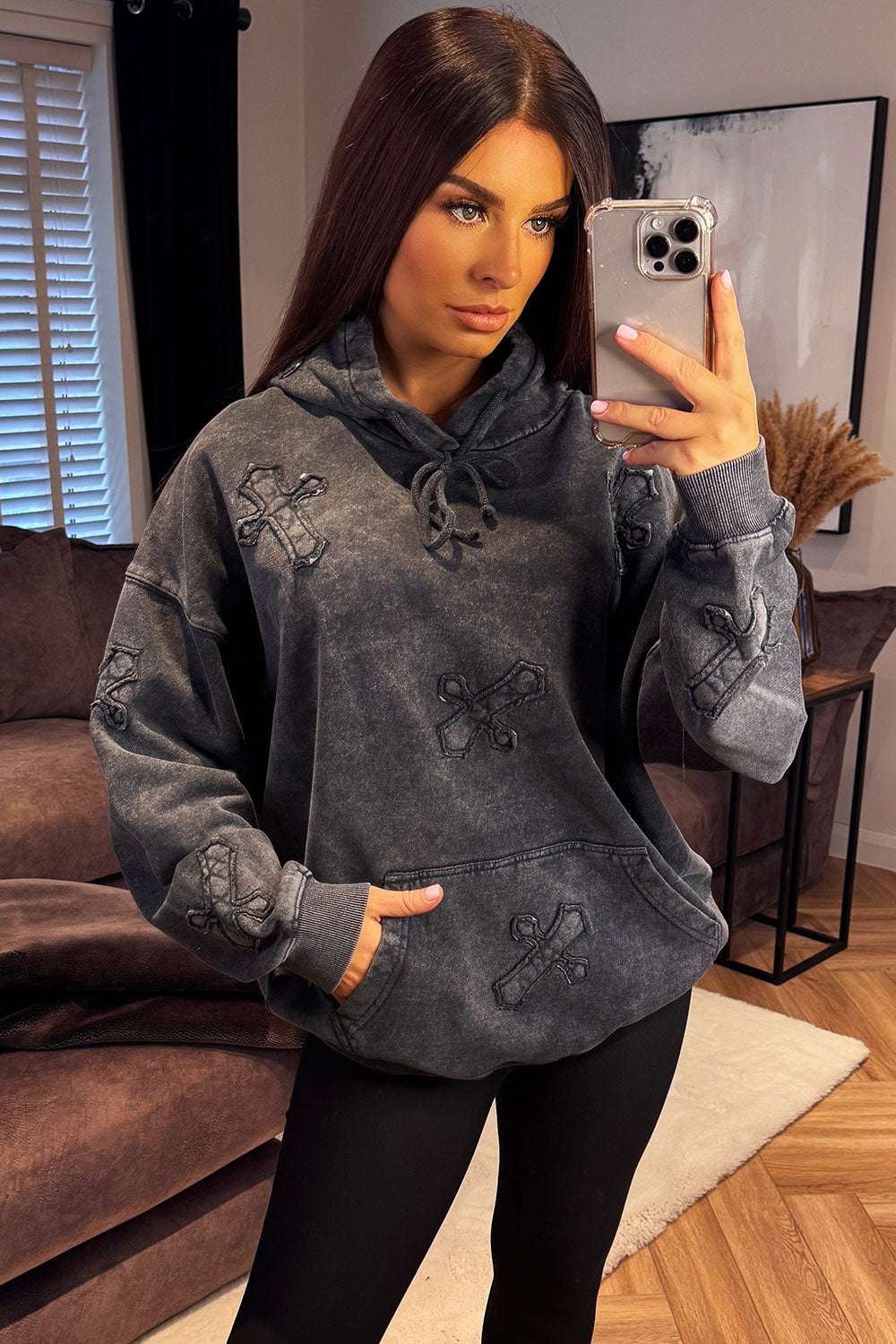 acid wash oversized hoodie with crosses womens loungewear