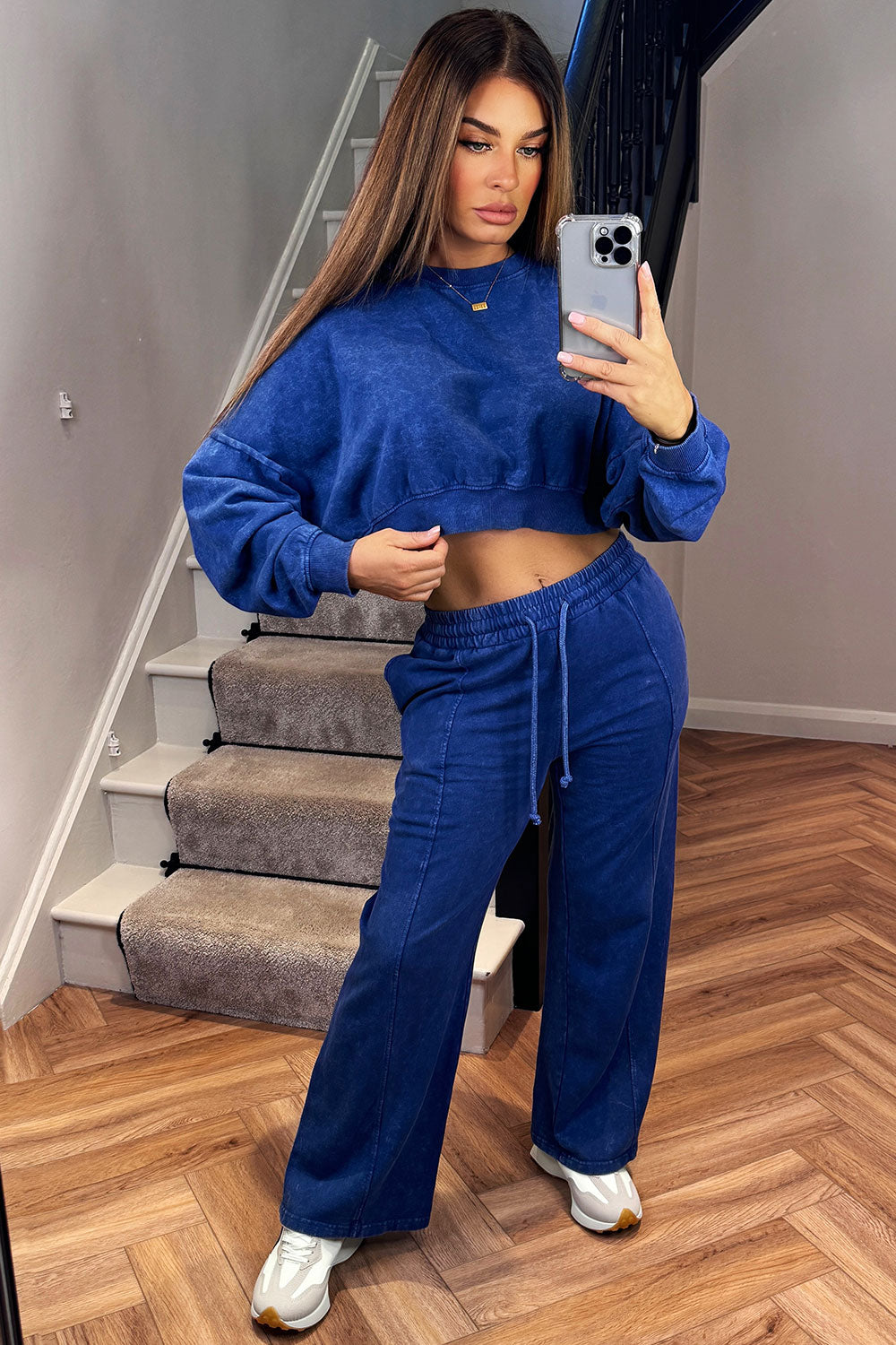 wide leg acid wash joggers and crop jumper two piece loungewear set