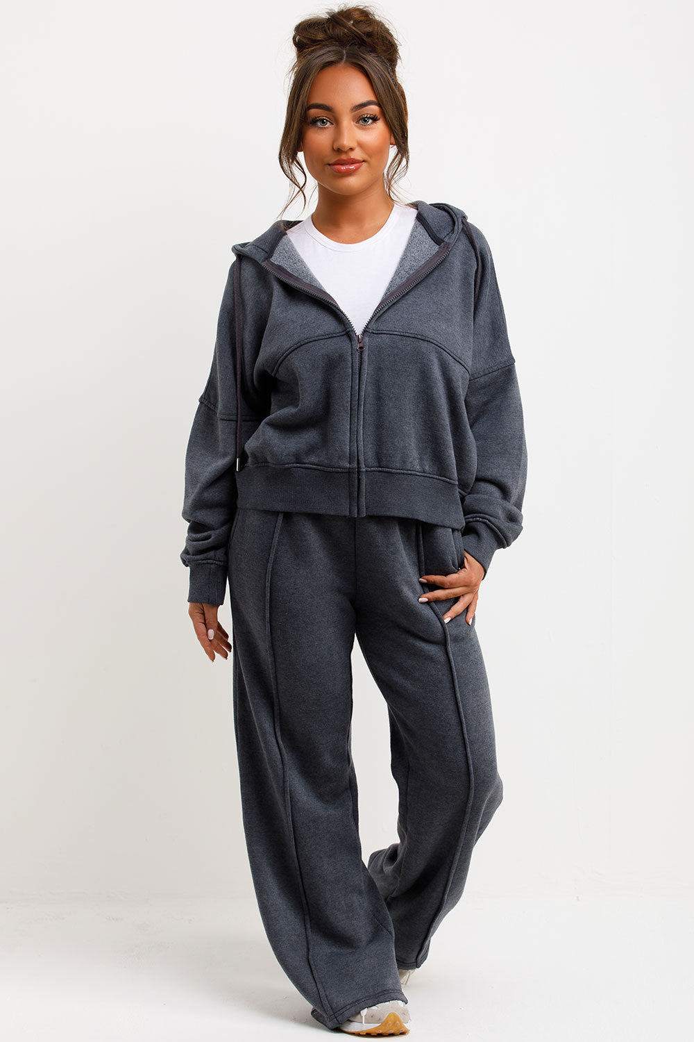 womens zara hooded bomber sweatshirt and straight leg joggers loungewear set